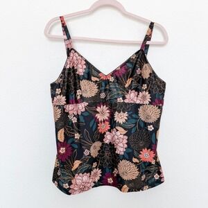 Democracy Women Cami Top Size XL Black Floral Satin Lace Trim Boho Dark Romantic